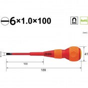 Vessel 1000V Insulated Screwdriver Slotted 6 x 100